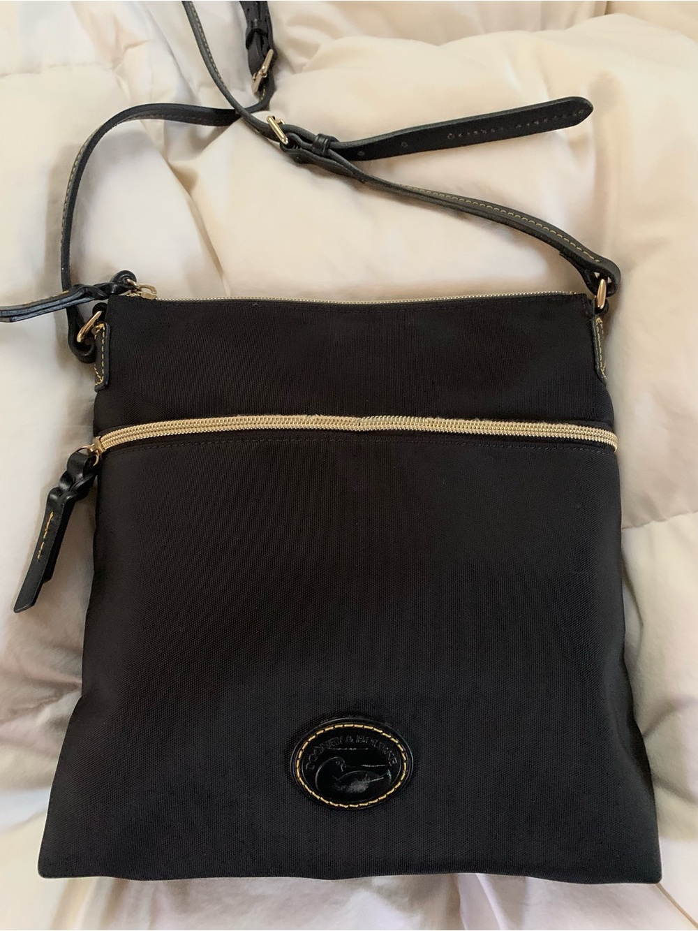 Black nylon Crossbody Bag with Gold Zipper leather strap